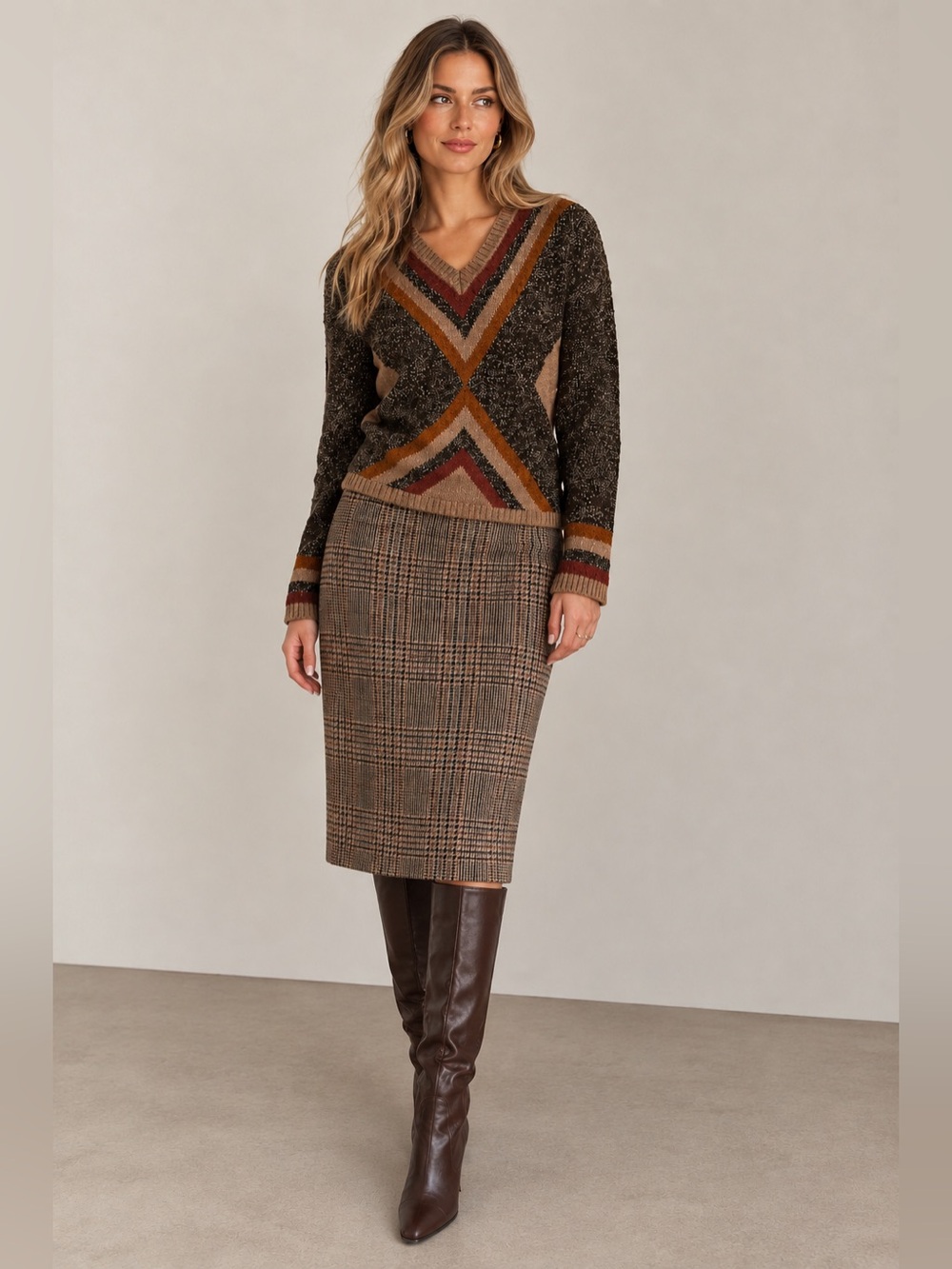 Karen Millen Metallic Knit V-Neck Sweater & Vintage Charter Club Silk Wool Plaid